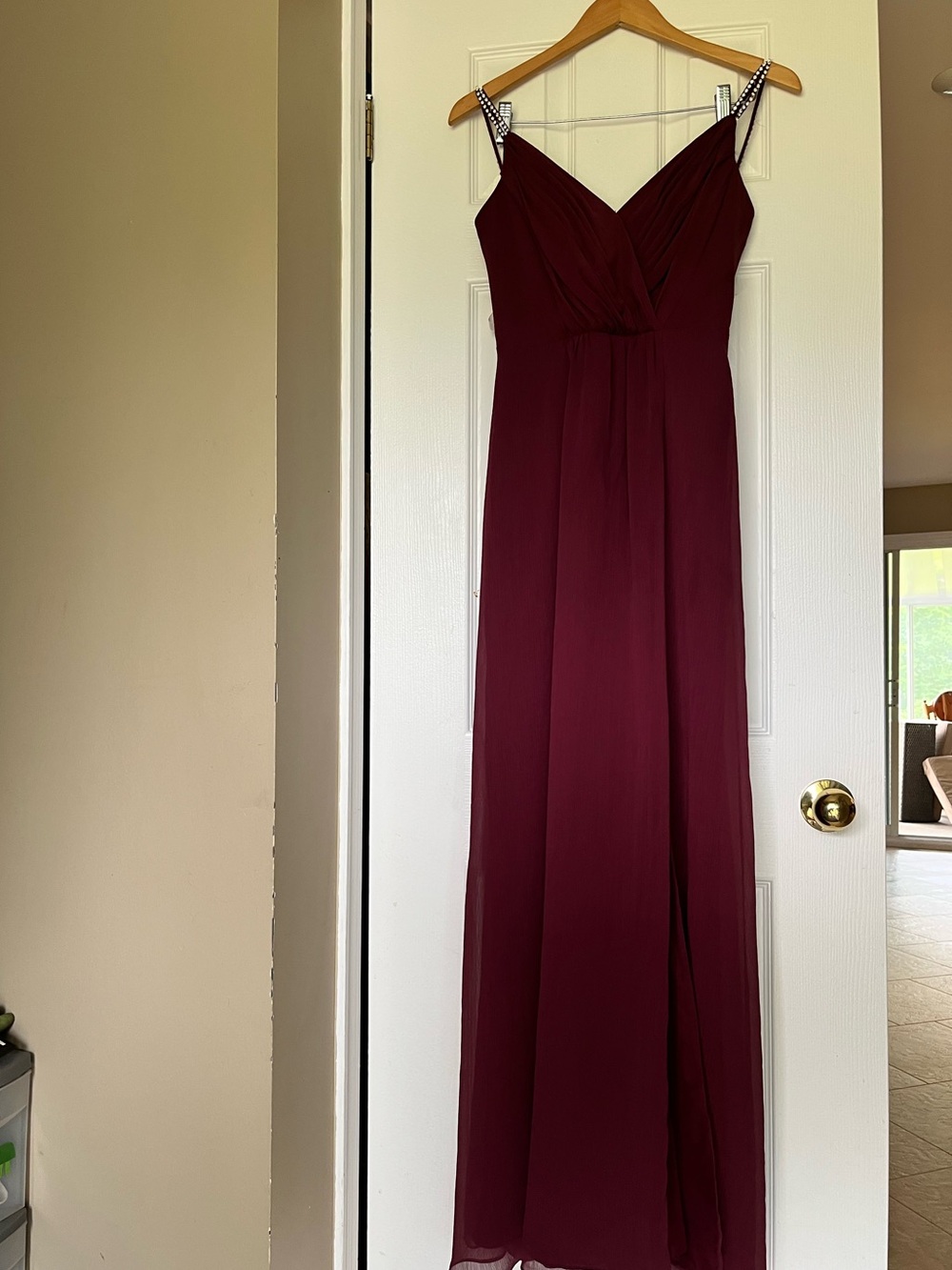 David's Bridal Deep Burgundy V-Neck Spaghetti Strap Maxi Dress